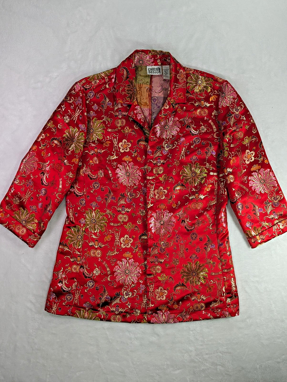 VTG Chicos Design Asian Brocade Shirt Jacket Red Gold Metallic Sz M Chinoiserie